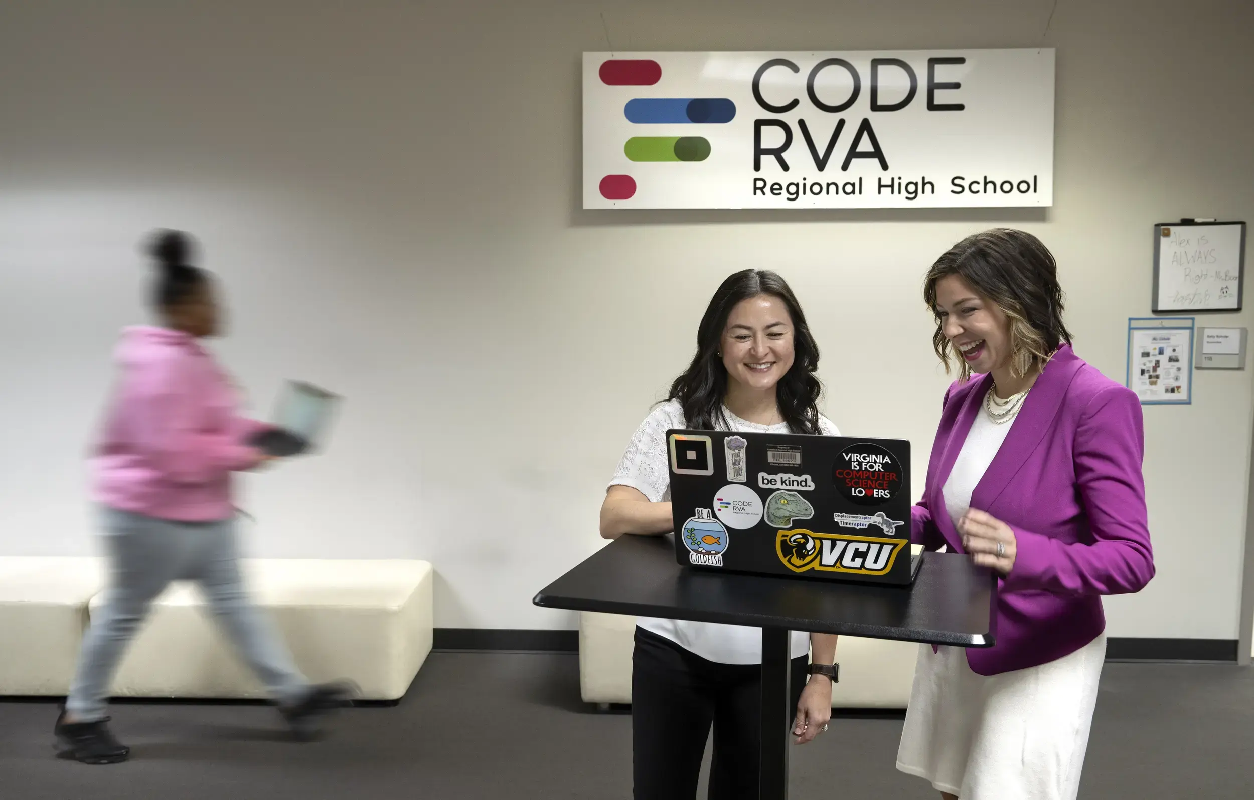 Kume Goranson, Ed.D., (left) executive director, CodeRVA, with Kim McKnight, Ph.D., executive director of RTR Teacher Residency. The VCU x CodeRVA Lab School will help provide an innovative computer science-focused comprehensive high school education. (Kevin Morley, Enterprise Marketing and Communications)